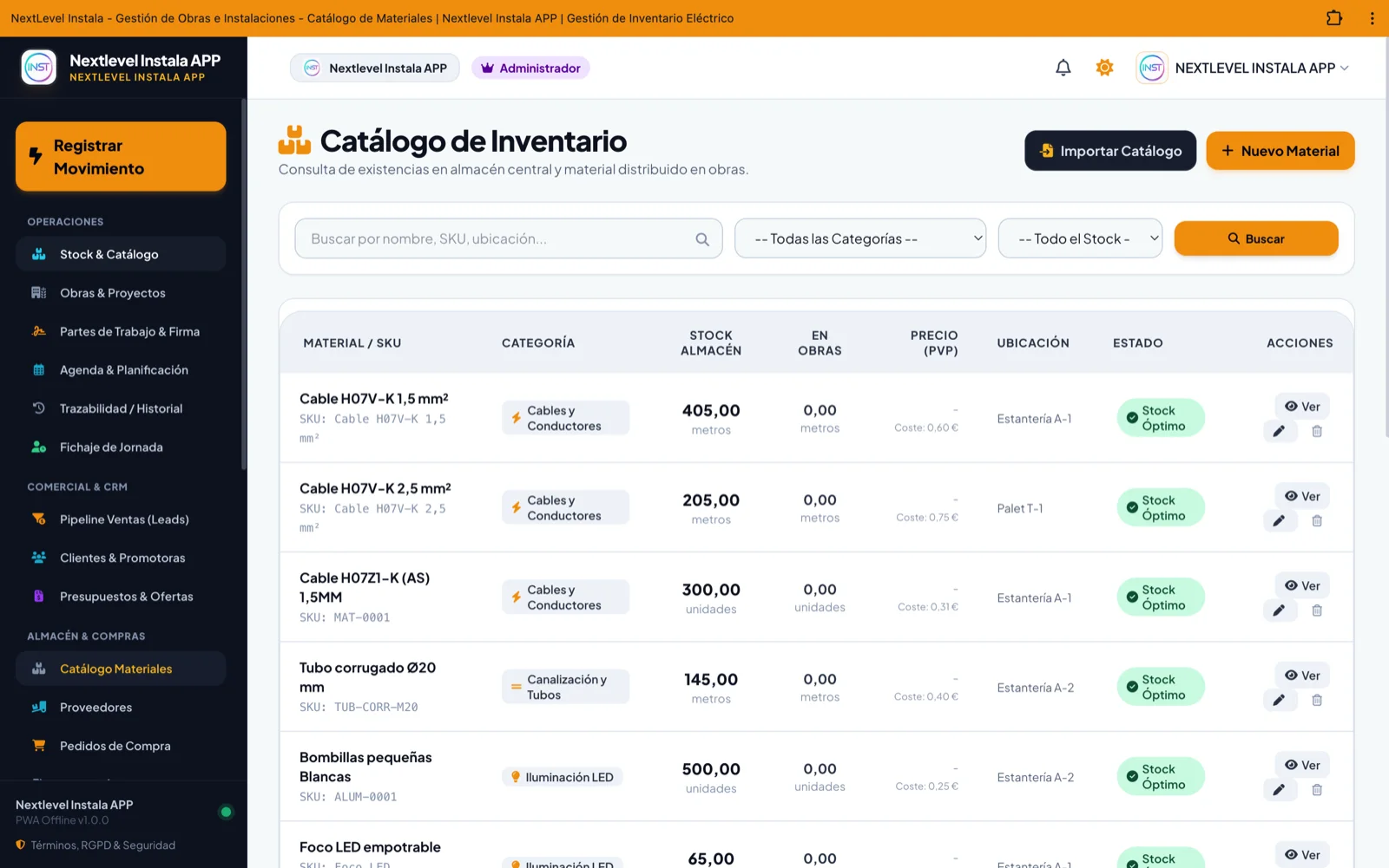NextLevel Instala - Catálogo y control de inventario