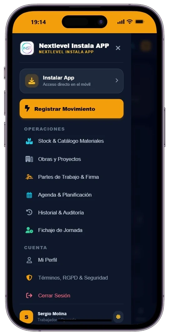 Menú de NextLevel Instala en un teléfono móvil iPhone 16 Pro